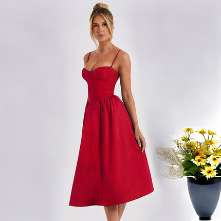 Sleeveless Corset Dress for Women Spaghetti Strap Flowy Pleated Midi Dress
