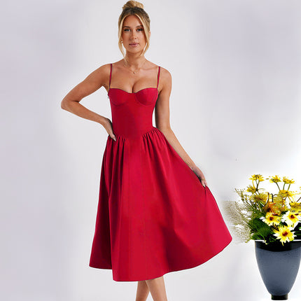 Sleeveless Corset Dress for Women Spaghetti Strap Flowy Pleated Midi Dress