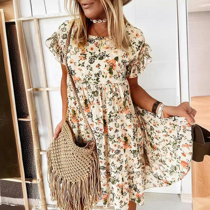 Women's Summer Casual Ruffle Short Sleeves Floral Print Round Neck Loose Pleated Mini Dress