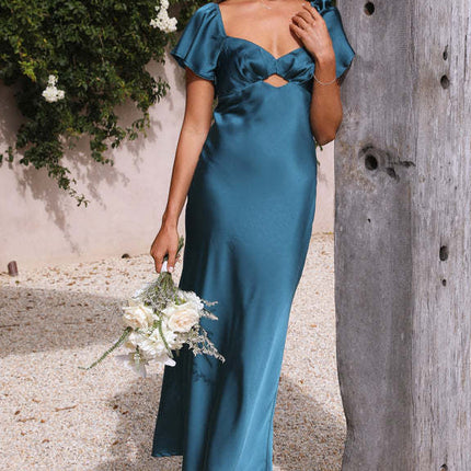 Satin Flutter Sleeve Wedding Guest Dresses for Women Sweetheart Neckline Midi Cocktail Dress