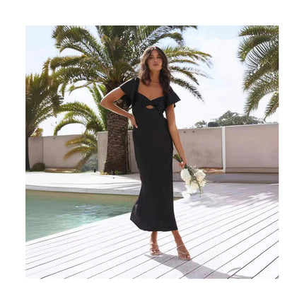Satin Flutter Sleeve Wedding Guest Dresses for Women Sweetheart Neckline Midi Cocktail Dress