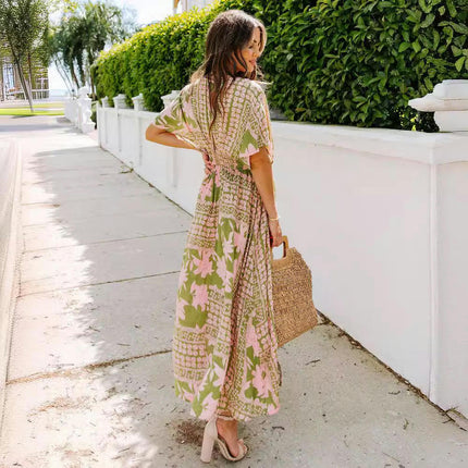 Women's Floral Boho Deep V Neck Batwing Short Sleeve High Waist Split Slit Maxi Dress