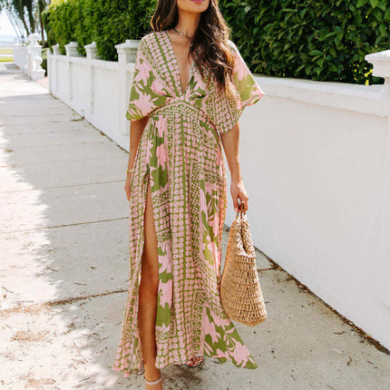 Women's Floral Boho Deep V Neck Batwing Short Sleeve High Waist Split Slit Maxi Dress