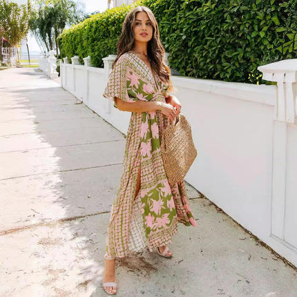 Women's Floral Boho Deep V Neck Batwing Short Sleeve High Waist Split Slit Maxi Dress