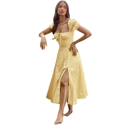 Women Summer Casual Flowy Beach Square Neck Puff Short Sleeve Smocked Boho Maxi Dress