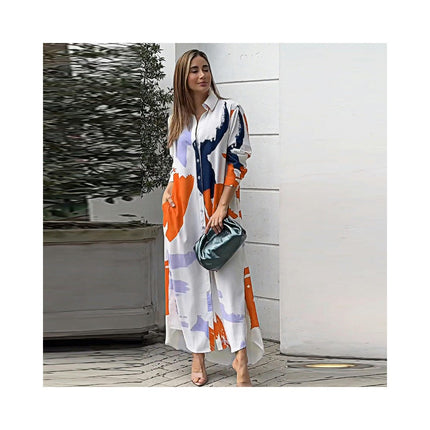 Womens Long Sleeve Button Down Shirt Dress Casual Print Loose Fit Maxi Blouse Dress