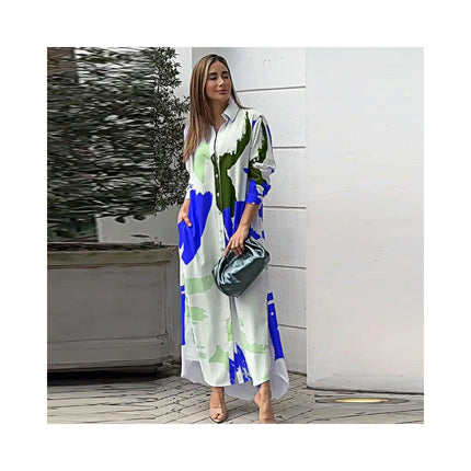 Womens Long Sleeve Button Down Shirt Dress Casual Print Loose Fit Maxi Blouse Dress