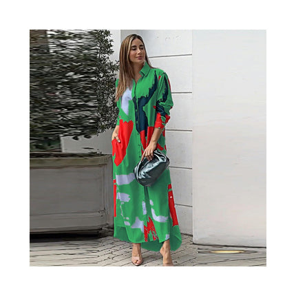 Womens Long Sleeve Button Down Shirt Dress Casual Print Loose Fit Maxi Blouse Dress