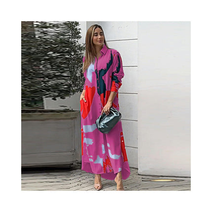 Womens Long Sleeve Button Down Shirt Dress Casual Print Loose Fit Maxi Blouse Dress