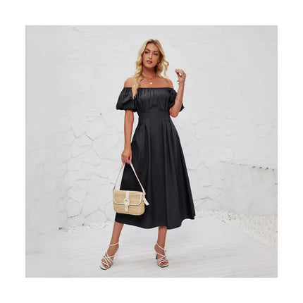 Women's Off Shoulder Wrap Puff Short Sleeve Pleated Flowy Midi Dress