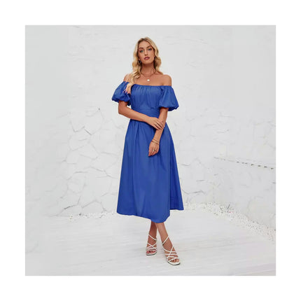 Women's Off Shoulder Wrap Puff Short Sleeve Pleated Flowy Midi Dress