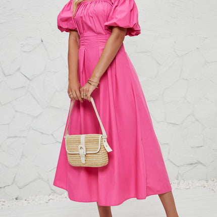 Women's Off Shoulder Wrap Puff Short Sleeve Pleated Flowy Midi Dress