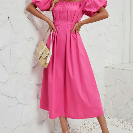 Women's Off Shoulder Wrap Puff Short Sleeve Pleated Flowy Midi Dress