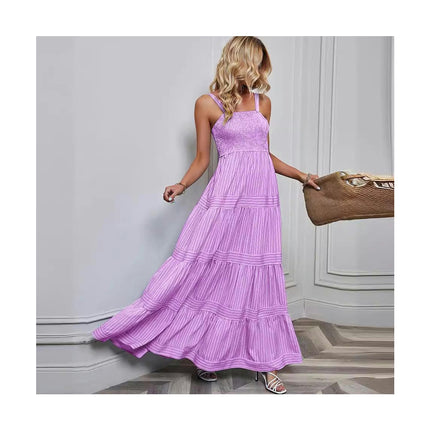 Women's Summer Boho Spaghetti Strap Sleeveless Tiered Ruffle A Line Beach Maxi Dress