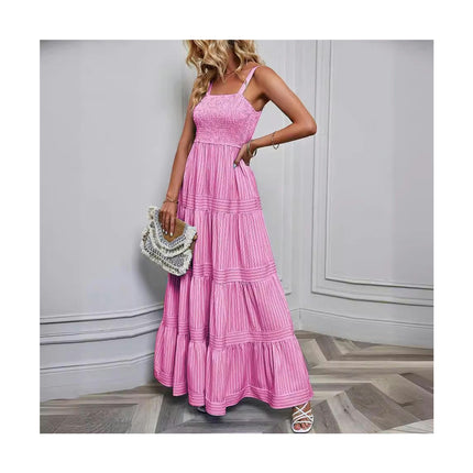 Women's Summer Boho Spaghetti Strap Sleeveless Tiered Ruffle A Line Beach Maxi Dress