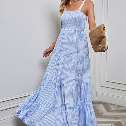 Women's Summer Boho Spaghetti Strap Sleeveless Tiered Ruffle A Line Beach Maxi Dress