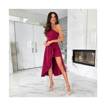 Womens One Shoulder Sleeveless Ruffle Asymmetrical High Low Bodycon Midi Dresses