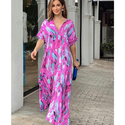 Womens V Neck Print Short Sleeve Loose Long Casual Maxi Dress