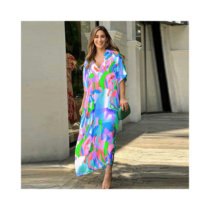 Womens V Neck Print Short Sleeve Loose Long Casual Maxi Dress