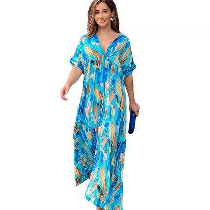 Womens V Neck Print Short Sleeve Loose Long Casual Maxi Dress