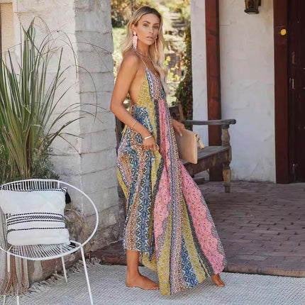 Women's Dresses Print Spaghetti Strap Deep V Neck Boho Long Maxi Dress
