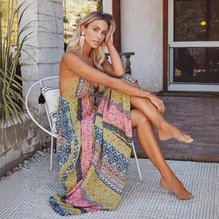 Women's Dresses Print Spaghetti Strap Deep V Neck Boho Long Maxi Dress