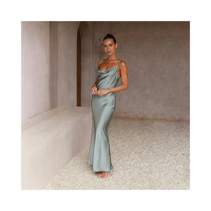 Women Satin Spaghetti Straps Maxi Dress Open Back Cocktail Party Dress Sleeveless Evening Gown