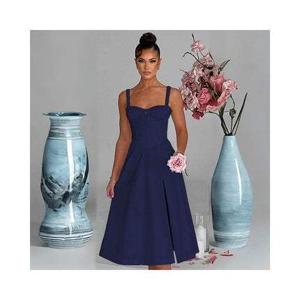 Women Summer Spaghetti Strap Sleeveless Corset Slit Beach Party Midi Dresses