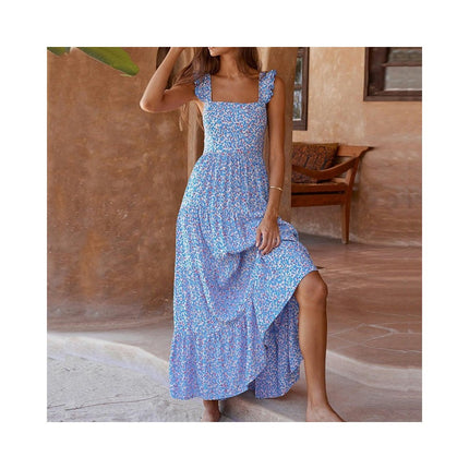 Women's Summer Casual Sleeveless Strap Smocked A Line Long Beach Sun Dress