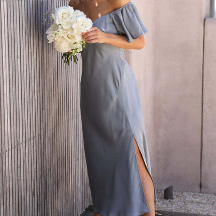 Women's Summer Boho Off Shoulder Short Sleeve Smocked Split Party Maxi Dress