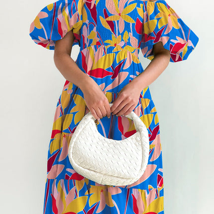 Women's Off The Shoulder Puff Short Sleeve Ruffle Flowy Summer Beach Maxi Dress 1