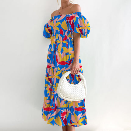 Women's Off The Shoulder Puff Short Sleeve Ruffle Flowy Summer Beach Maxi Dress 1