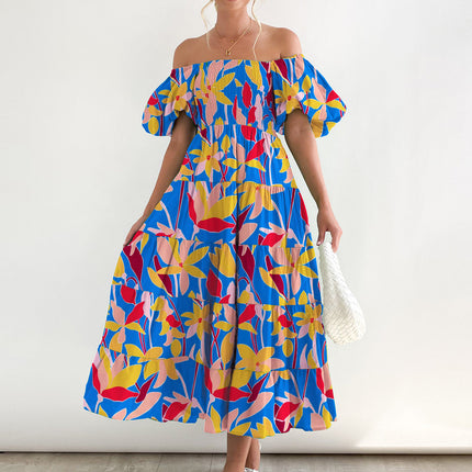 Women's Off The Shoulder Puff Short Sleeve Ruffle Flowy Summer Beach Maxi Dress 1