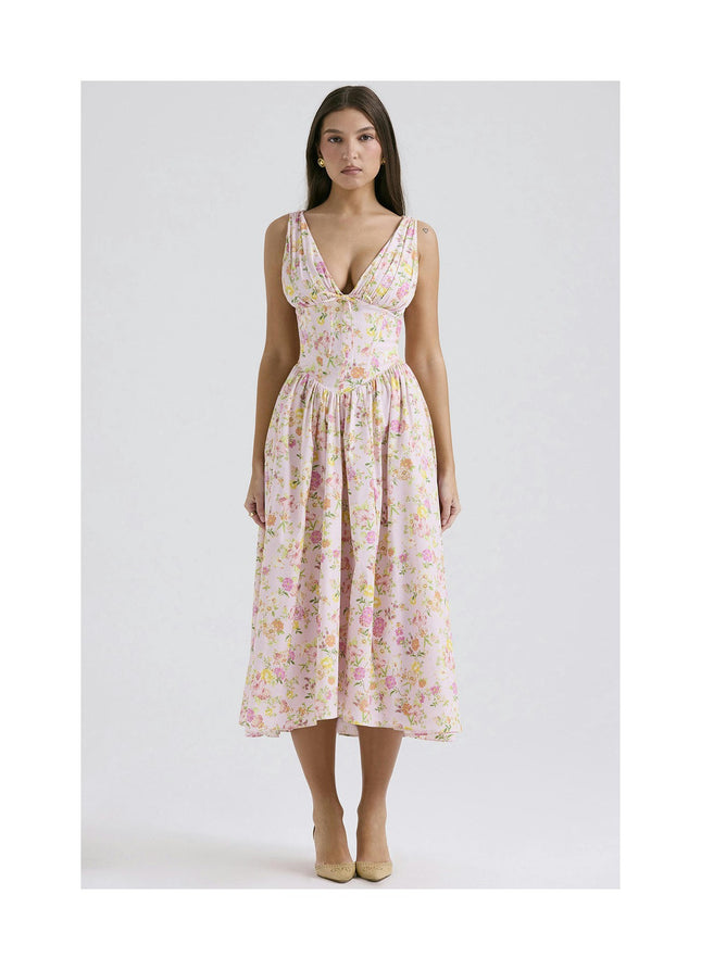 Beach Dresses for Women V Neck Wrap Sleeveless Floral Boho Flowy Midi Dress