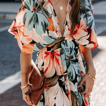 Women's Deep V Neck Short Sleeve Long Dresses High Waist Slit Beach Maxi Dress