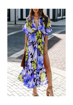 Women's Deep V Neck Short Sleeve Long Dresses High Waist Slit Beach Maxi Dress