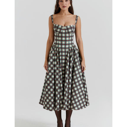 Women Low Cut Sleeveless Corset Spaghetti Strap Flowy A-Line Midi Dress