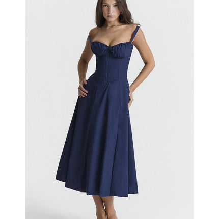 Women Spaghetti Strap Low Cut Corset Sleeveless Flowy A-Line Summer Beach Dress 1