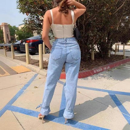 Women's High Waist Ripped Distressed Jeans Straight Leg Denim Pants
