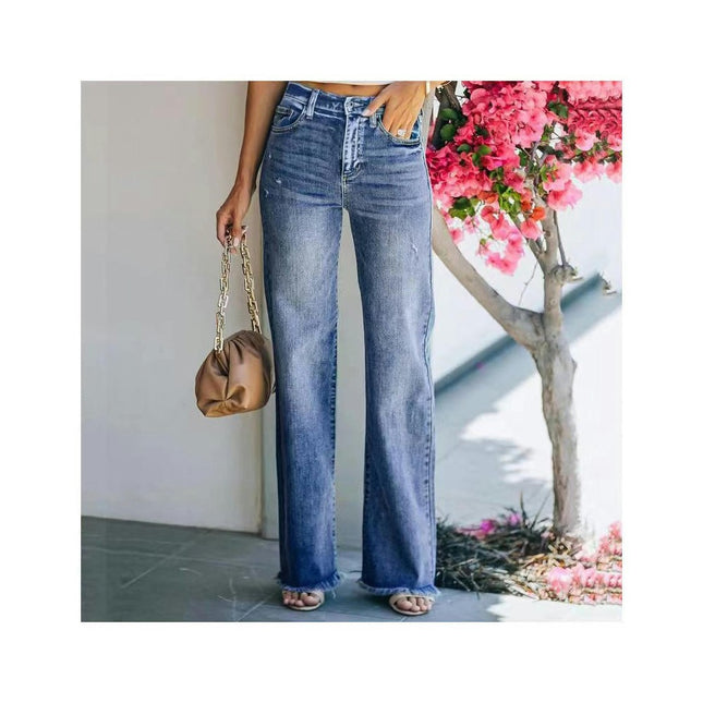 Women's Casual Raw Hem High Waisted Denim Pants Stretch Baggy Loose Wide Leg Jeans