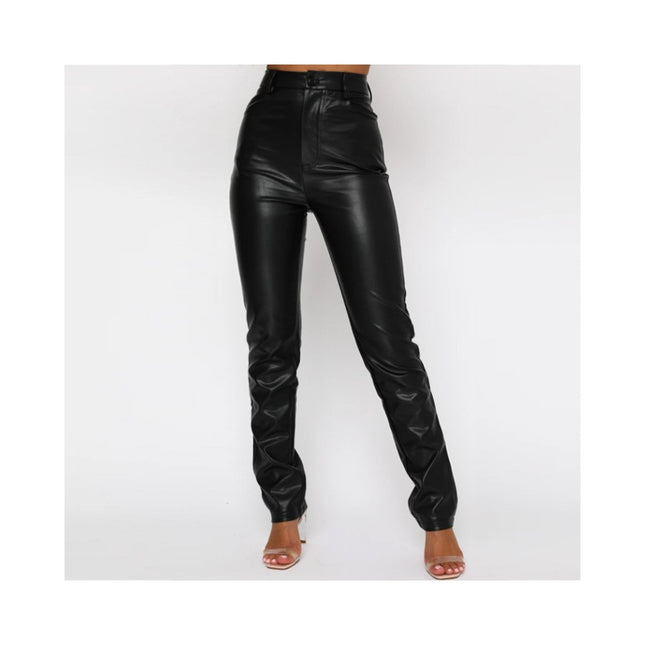 Women's Faux Leather Pants High Waisted Straight Leg Trousers with Pockets