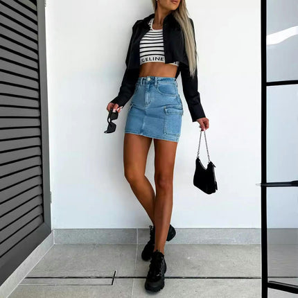 Women's High Waist Button Bodycon Mini Cargo Denim Skirt with Pocket