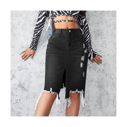 Womens Slit Denim Skirt High Waist Ripped Raw Frayed Stretch Irregular Hem Jean Skirt
