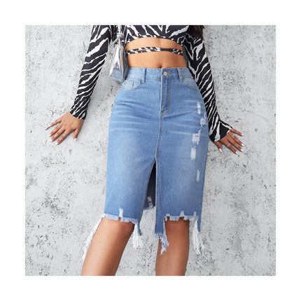 Womens Slit Denim Skirt High Waist Ripped Raw Frayed Stretch Irregular Hem Jean Skirt