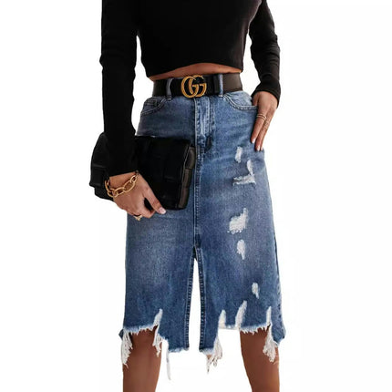 Womens Slit Denim Skirt High Waist Ripped Raw Frayed Stretch Irregular Hem Jean Skirt