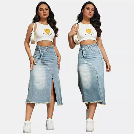 Women's Casual High Waist Denim Skirt Split Hem Raw Trim Midi Jean Skirts