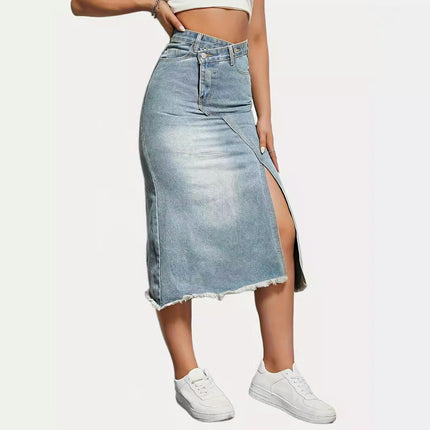 Women's Casual High Waist Denim Skirt Split Hem Raw Trim Midi Jean Skirts
