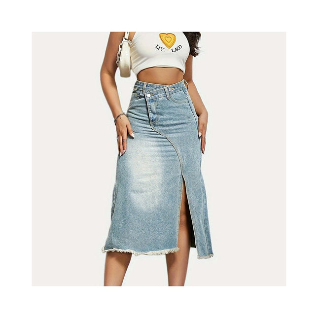 Women's Casual High Waist Denim Skirt Split Hem Raw Trim Midi Jean Skirts