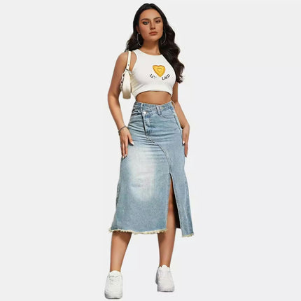 Women's Casual High Waist Denim Skirt Split Hem Raw Trim Midi Jean Skirts