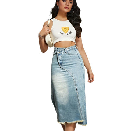 Women's Casual High Waist Denim Skirt Split Hem Raw Trim Midi Jean Skirts